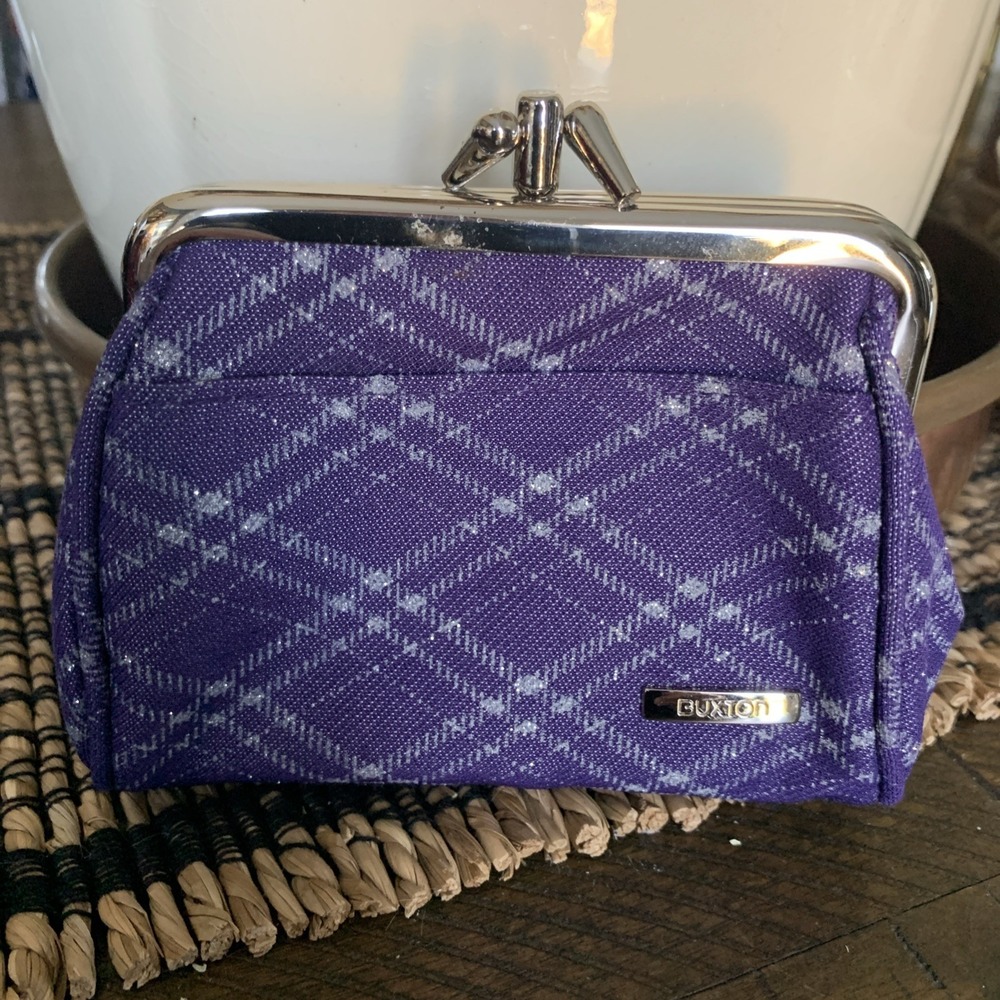 Buxton Purple Grey Metallic Diamond Argyle Plaid Coin Purse Snap 3 Compartments
